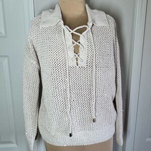 Joie Cream V-Neck Sweater with Lace-Up Front